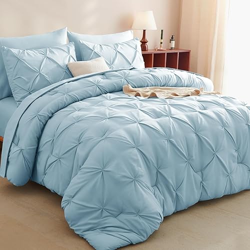 CozyLux Queen Comforter Set Light Blue, 7 Pieces Pintuck Bed