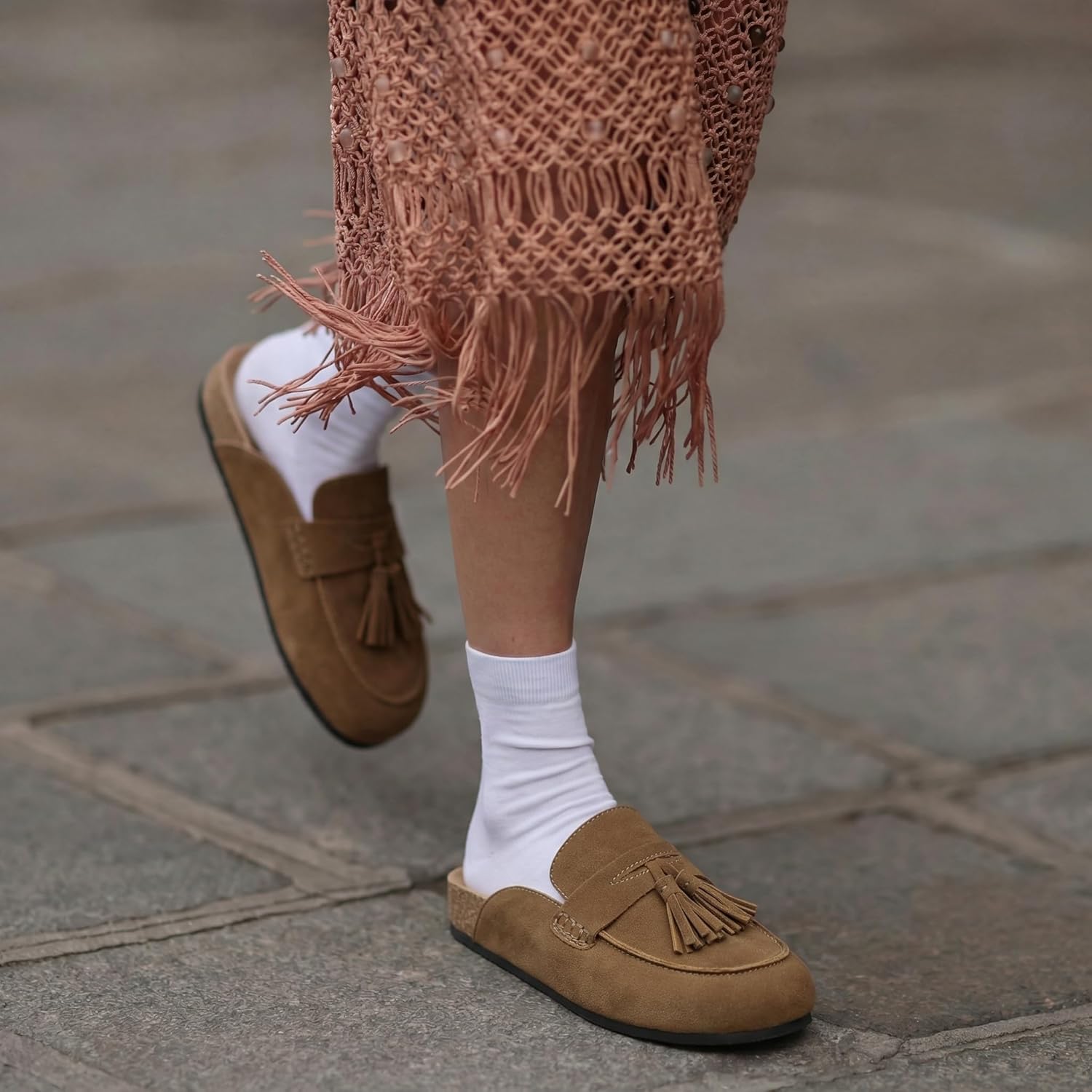 Faux Suede Mules for Women Tassel Flat Loafers Comfort Clog Mules Slip on Round Toe Casual Boat Slippers Shoes - Image 3