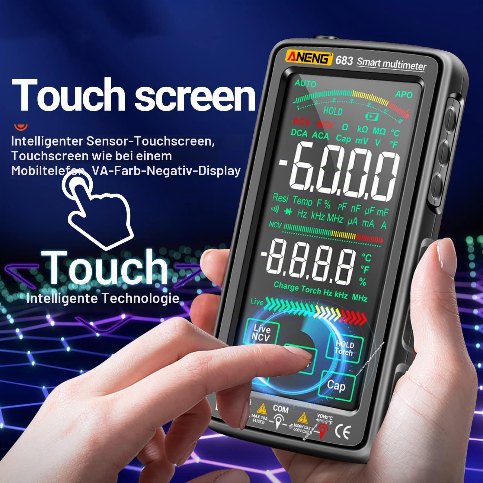 683 6000 Counts Großer Touchscreen-Digitalmultimeter Smart Anti-Burn Wiederaufladbares Universalmessgerät VA Reverse Display NCV-Tester mit Taschenlampe für Spannung, Strom, Widerstand,