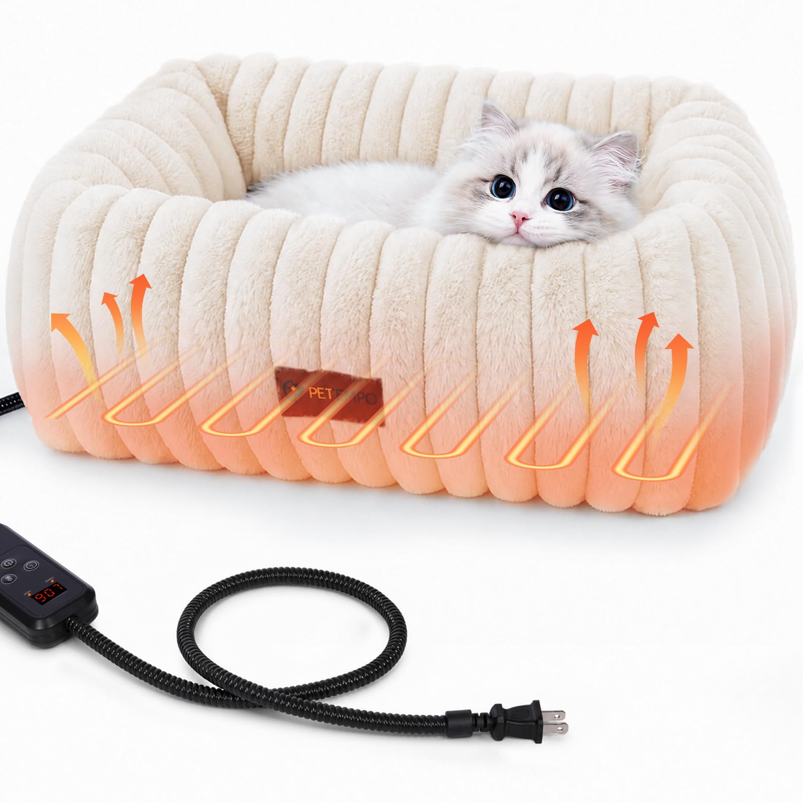 PETEMPO Heated Cat Bed Indoor, Pet Bed with 6 Temp & 6 Timer, White, S — image 1