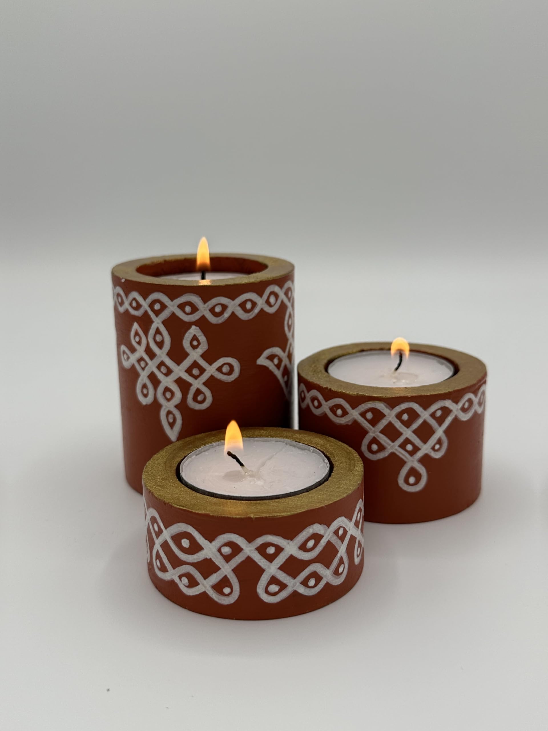 Indian kolam candle holders- set of 3-2.75in, 1.57in, 1inch holders - Indian house warming gifts, Indian wedding gifts, Indian Pooja gift, golu gifts, Candle holder