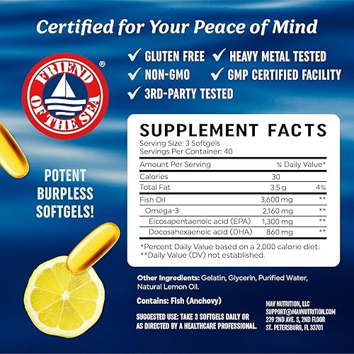 Miniatura 6 de Aceite de pescado de 3600 mg de geles suaves con sabor a limón  Omega 3  EPA y DHA  Articular cerebral corazón para la piel y el apoyo inmunológico