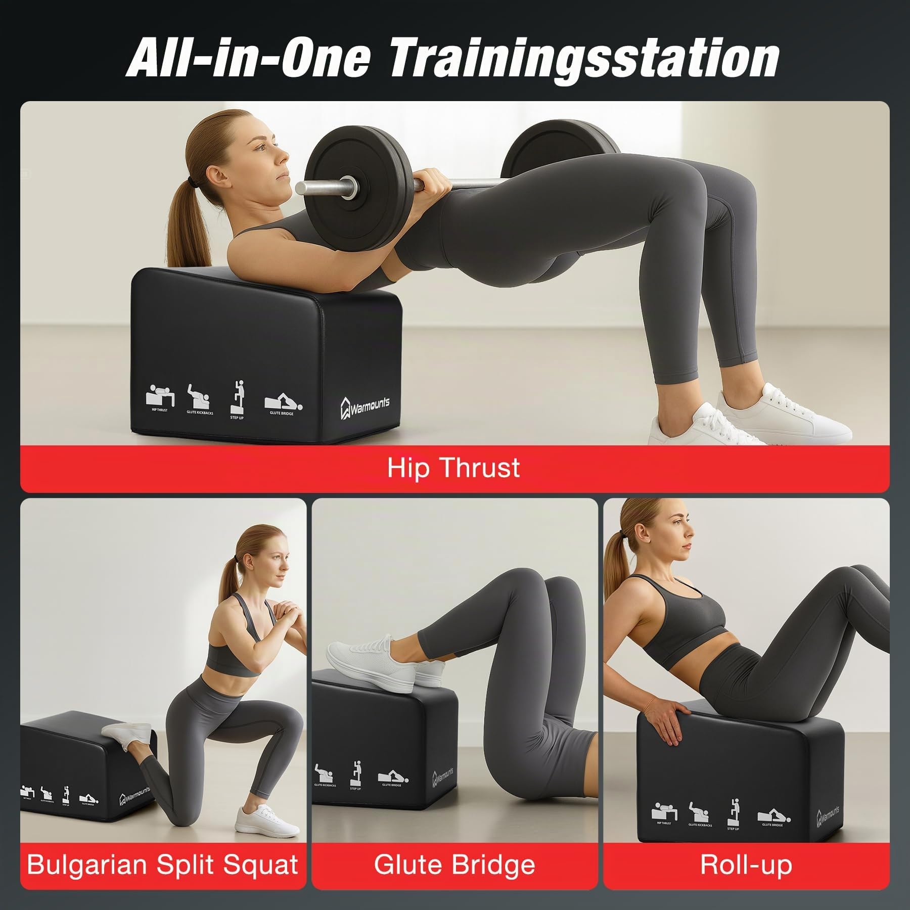 WARMOUNTS Hip Thrust Bench, Multifunktionales Hip Thrust Machine für Krafttraining, Gesäßbrückenbox mit Griff, Anti-Rutsch-Pad und glattem Rand-Design, für Zuhause und Fitnessstudio