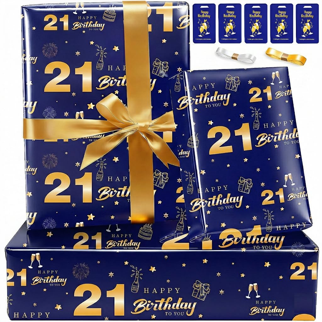 21st Birthday Wrapping Paper Set with Tags Ribbons,Birthday Gift Wrapping Paper for Men Him Happy Birthday Paper Wrapping Present Wrap Luxury Gift Wrap Paper for Birthday Gifts Decorations Blue Gold