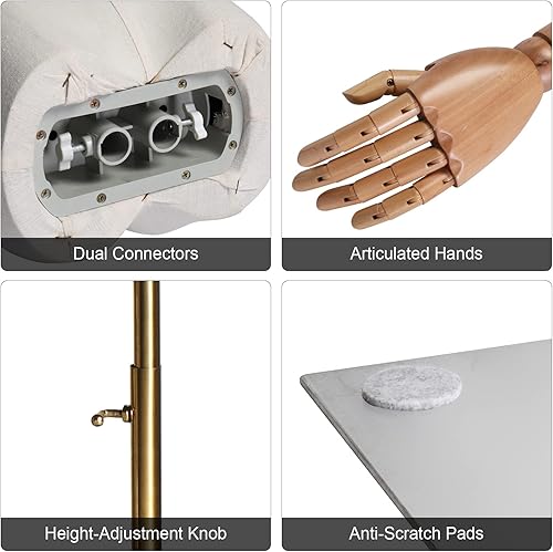 Miniatura 5 de Bonnlo Forma de vestido con cabeza y brazos de madera articulados, torso de maniquí ajustable en altura, modelo de exhibición de ropa femenina con