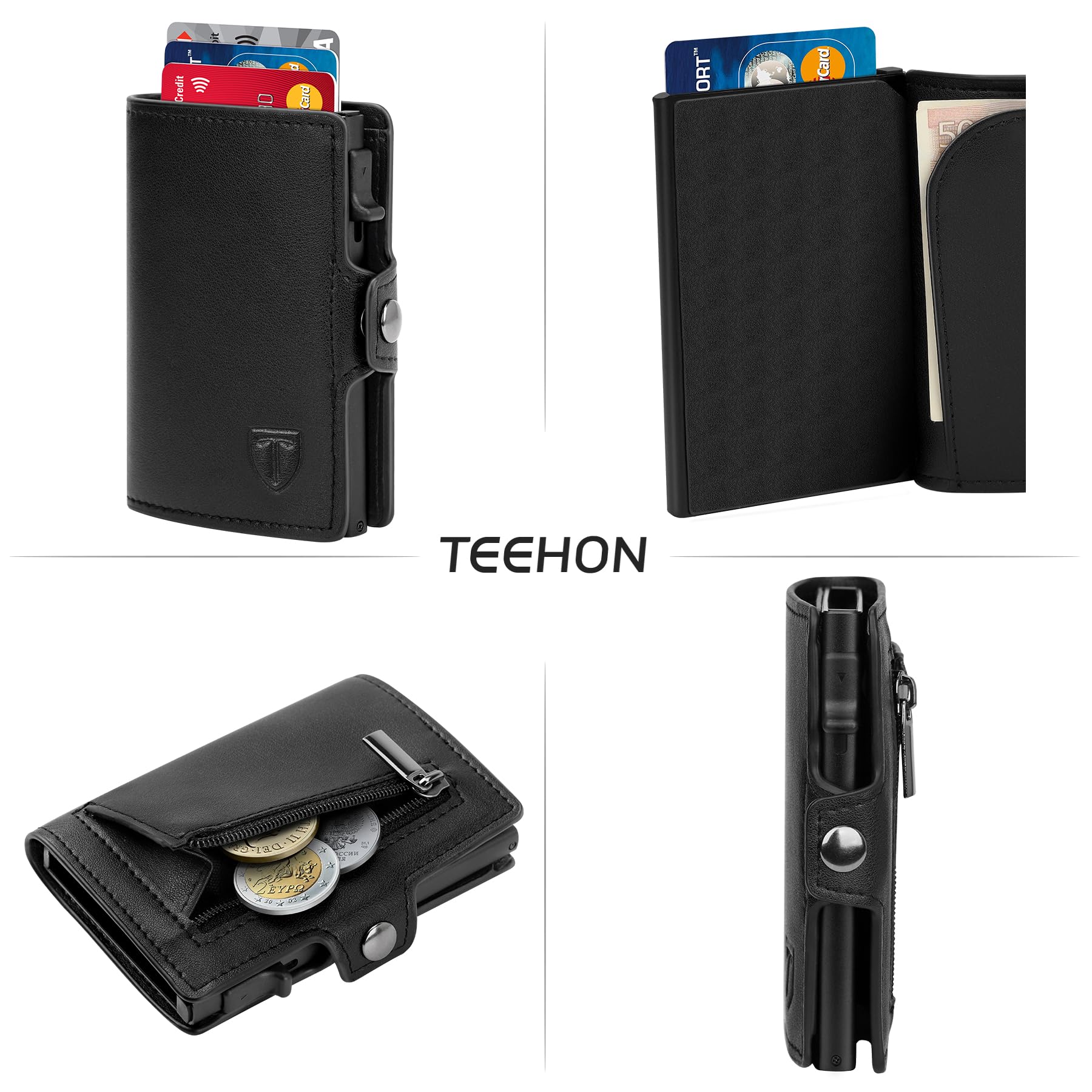 TEEHON Tarjeteros para Tarjetas de Credito | Cartera para Hombre y Mujer con Monedero | Automática Pop-up Billeteras de Protección RFID | Regalos para Hombres | Negro (A-Negro)