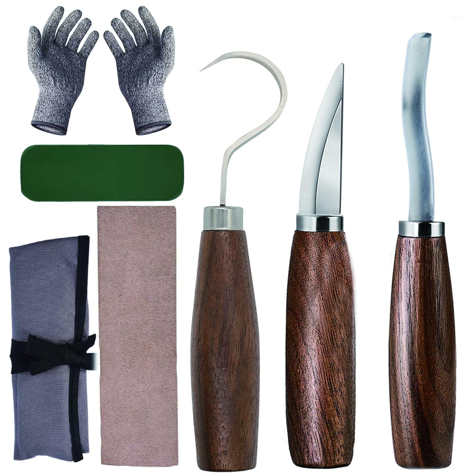 Juego de herramientas para tallar madera 7 en 1 Kit para tallar madera con cuchillo de gubia, cuchillo para tallar con gancho, cuchillo para tallar madera, guantes, afilador de cuchillos