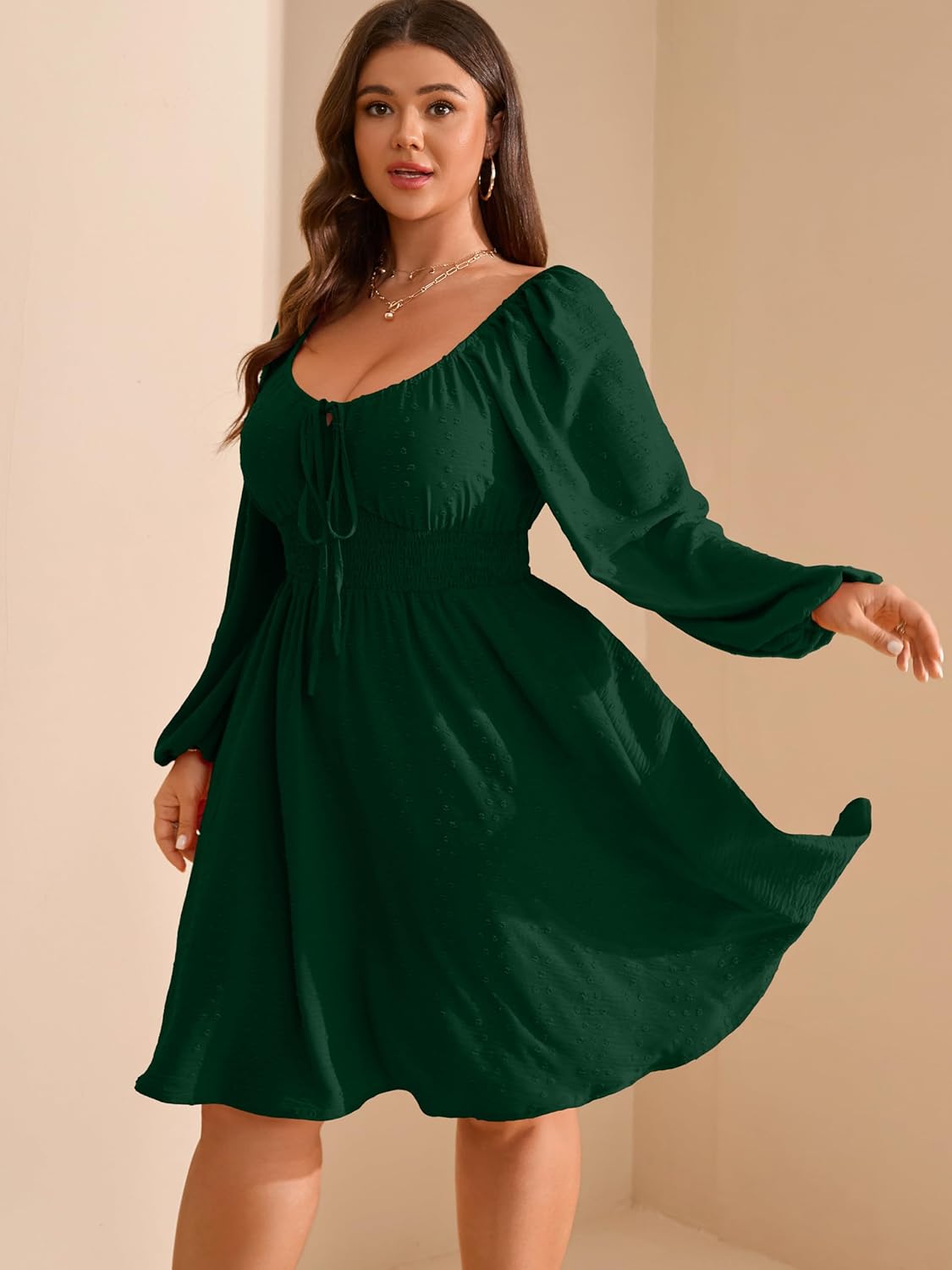 RWJ Women's 2025 Fall Wedding Guest Dresses Long Sleeve Smocked Square Neck Swiss Dot Party Plus Size Mini Dress - Image 5