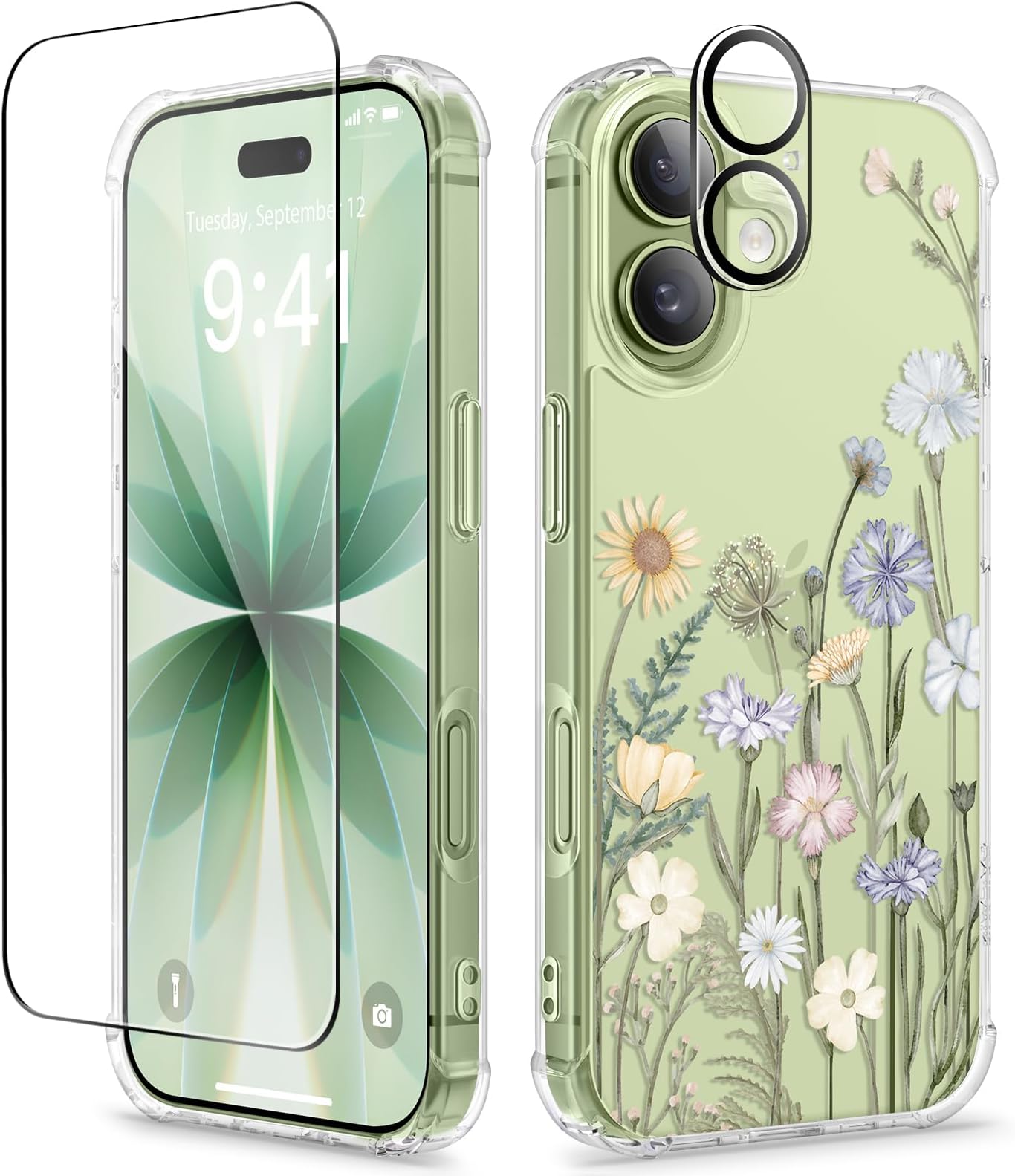 GVIEWIN Compatible with iPhone 17 Case 6.3" 2025, with Screen Protector & Camera Lens Protector, Shockproof Military Grade Drop Protective Clear Floral Slim Phone Cover for Women,Vibrant Spring