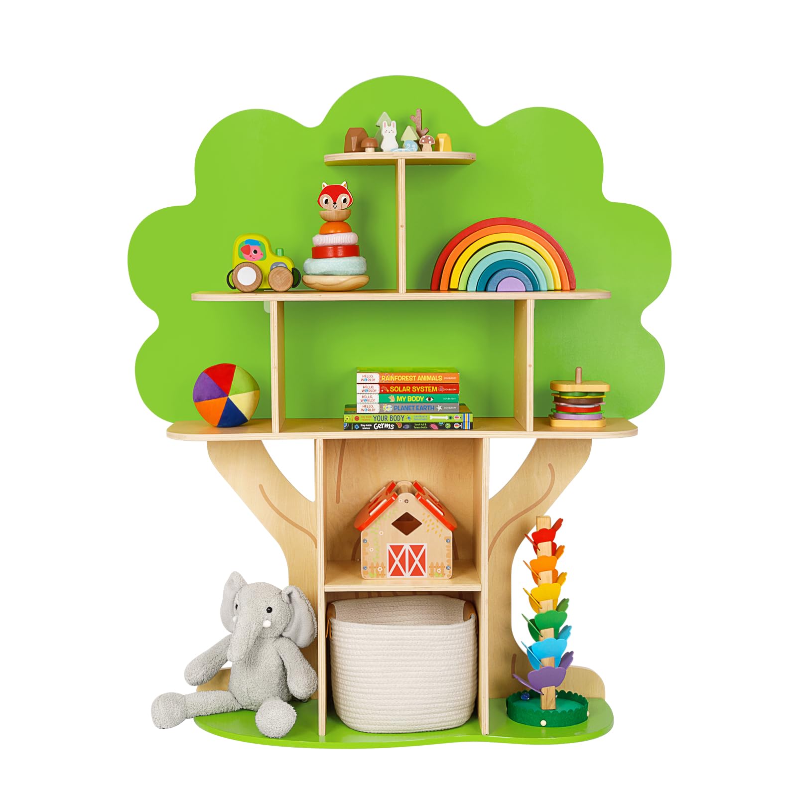 Holzregal Kinder OOOK Baum Bücherregal Kinder - Montessori Spielzeugregal  Mit 10 Fächern Aus Holz Montessori Spielzeugregal Mit 10 Fächern Holz, image size:1600x1600