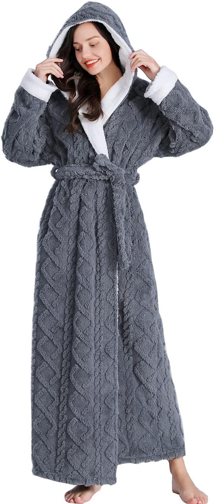 Hooded Robes for Women Long,Sherpa Trim Fleece Bathrobes With Hood Long Plush Soft Warm Winter Robes for Women