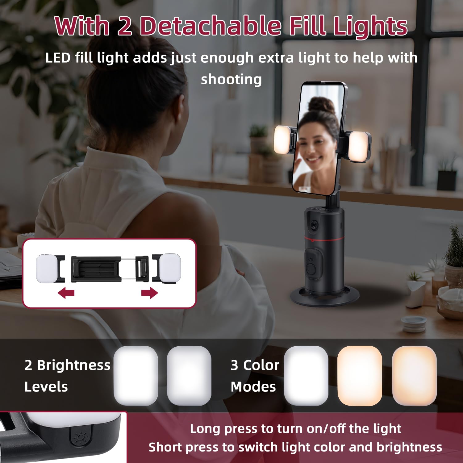 Mcbazel Trépied de Téléphone à Suivi Automatique du Visage avec 2 Lampes à Selfie, Support de Perche Selfie Rotatif Intelligent à 360 °,Support Contrôle Distance/Gestuel/Stabilisateur de Cardan Noir