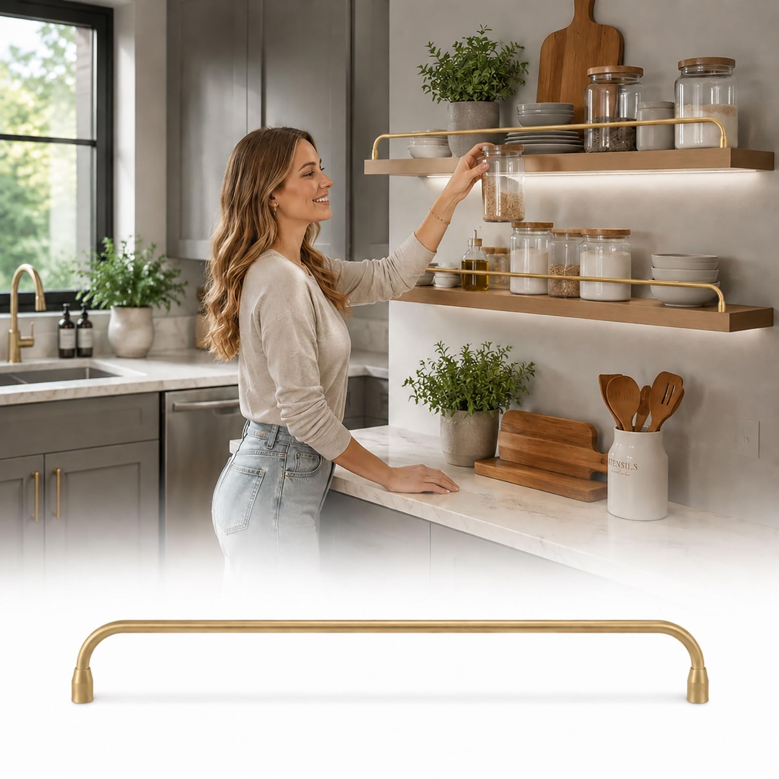 Regalschutzleiste aus gebürsteter, goldfarbener Aluminiumlegierung – Robuste Schranksicherung für sichere Aufbewahrung, stilvolles Aufbewahrungsaccessoire für Zuhause, ideal für Küche und Wo