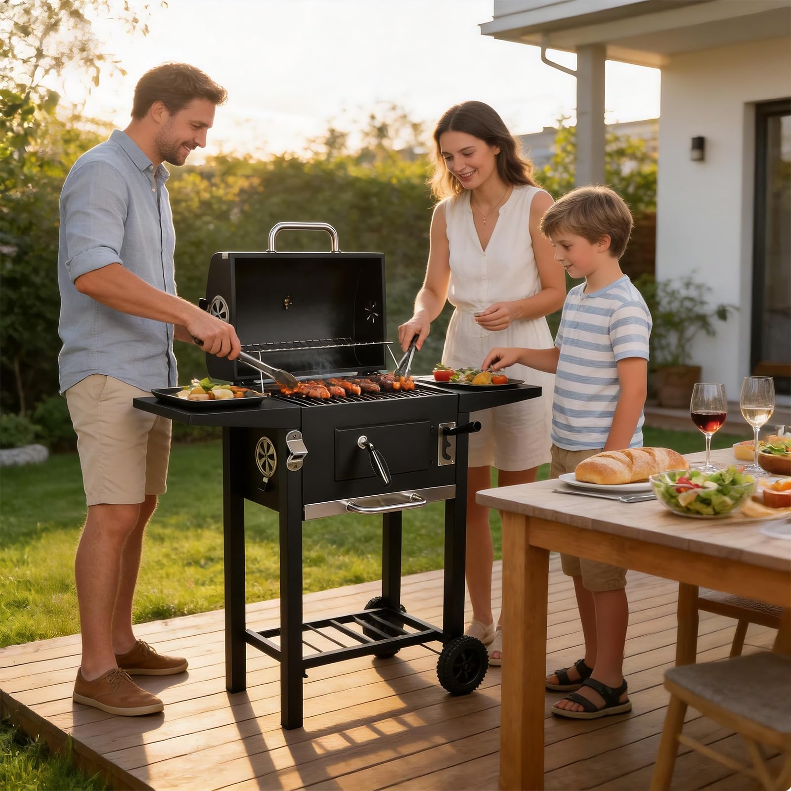 LQWELL Grillwagen, Holzkohlegrill BBQ Smoker Trolley, Standgrill mit Deckel, Edelstahl-griff, Grillrost, Thermometer, Flaschenöffner und Rädern, Maße ca. L109 x W54 x H94.5 cm, Schwarz
