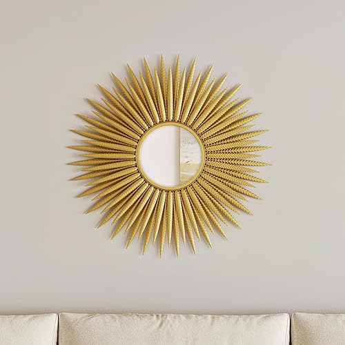 Espejo de pared con forma de explosión de sol de oro antiguo, espejo redondo pequeño de 30 pulgadas para decoración de pared, espejos circulares