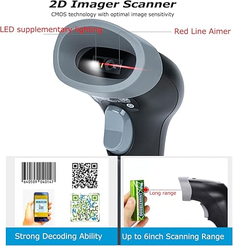 Miniatura 4 de TEEMI Escáner de código de barras USB 2D con soporte, lector de códigos 1DQR para inventario, pistola de escaneo manos libres para almacén,