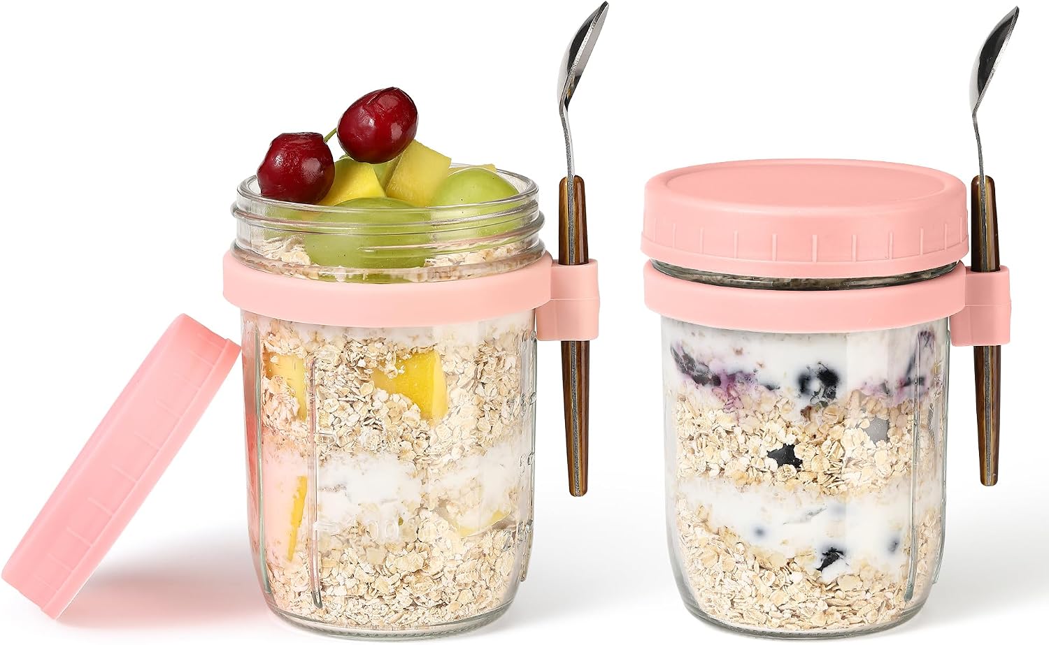 16oz Glass Mason Overnight Oats Jars, Cereal, Yogurt, Salad Lunch,Glass Overnight Oats Containers with Lids and Spoon, Container with Measurement Marks - (Pink-2Pcs)
