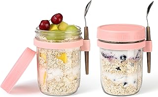 16oz Glass Mason Overnight Oats Jars, Cereal, Yogurt, Salad Lunch,Glass Overnight Oats Containers with Lids and Spoon, Container with Measurement Marks - (Pink-2Pcs)