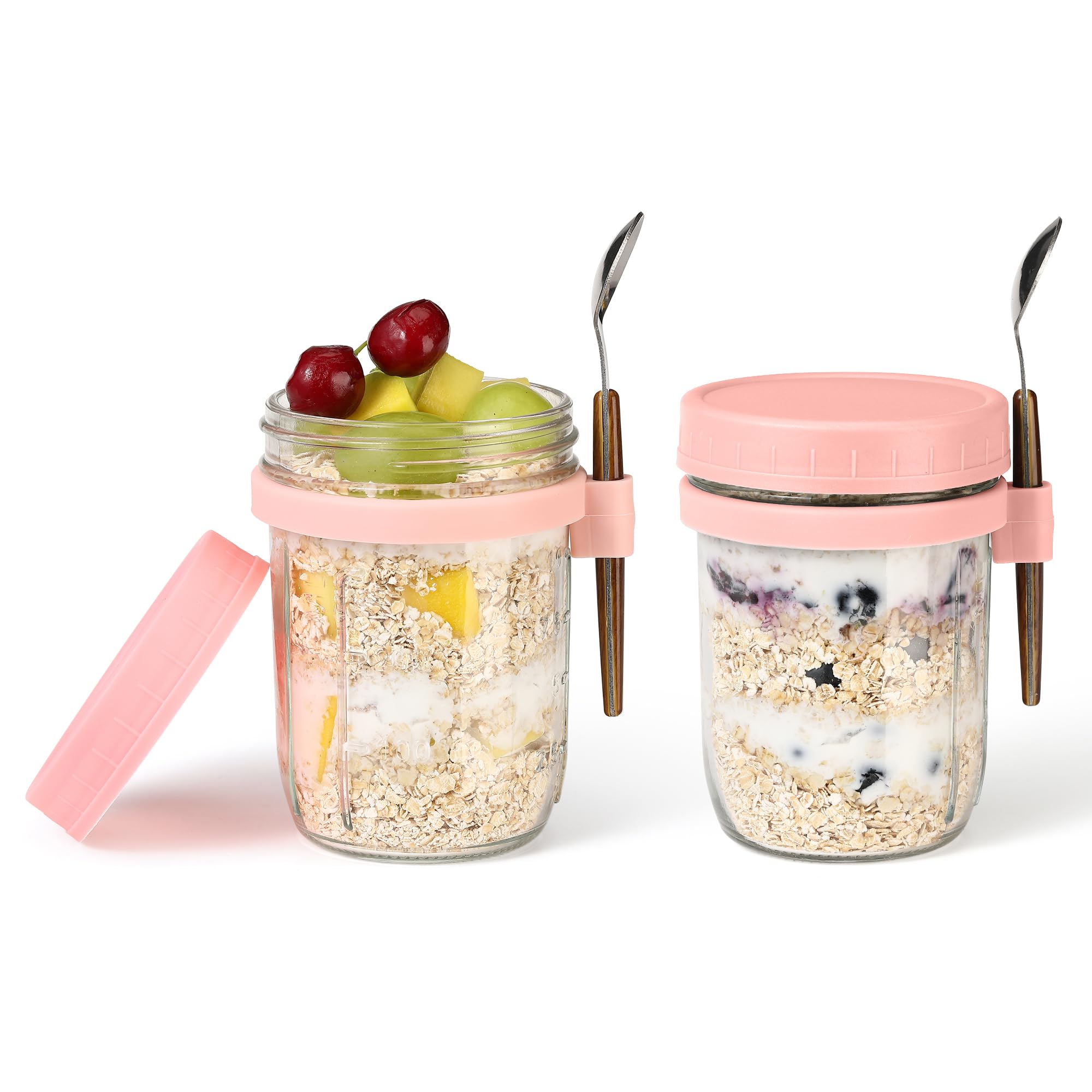 KAIZHOUZHOU 16 oz Glass Mason Overnight Oats Jars, Large Capacity Airtight Jars for Milk, Cereal, Fruit (Pink-2Pcs) 2 Pa
