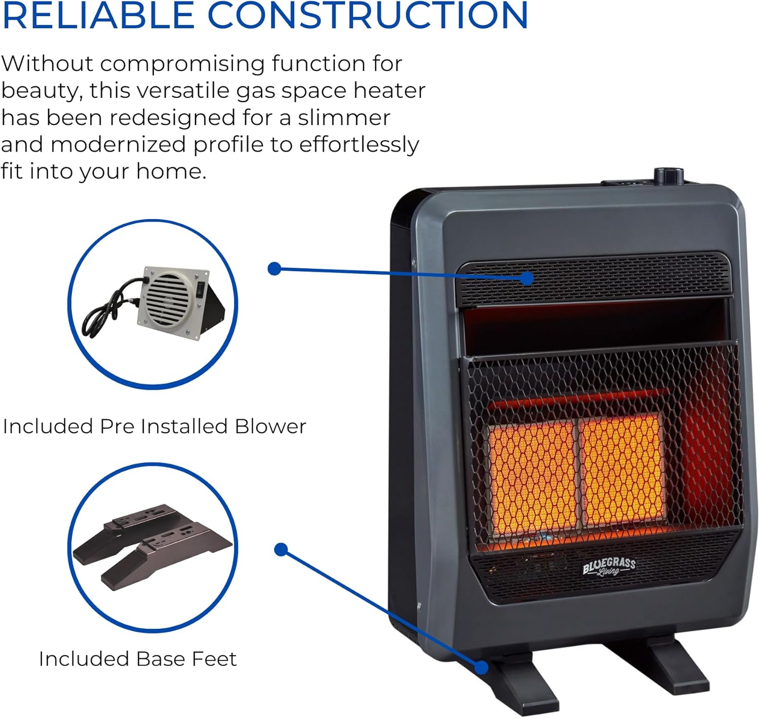 Bluegrass Living Propane Gas Vent Free Infrared Gas Space Heater With Blower and Base Feet - 18,000 BTU, T-Stat Control - Model# B18TPIR-BB, Black