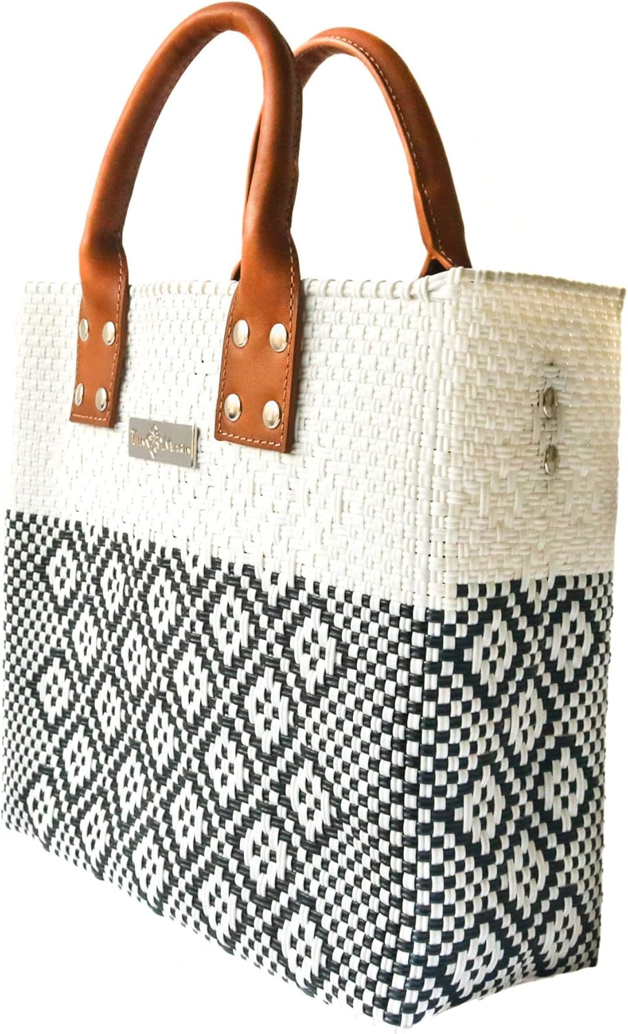 Tin Marin White Large Woven Crossbody Bag - Tan Leather Handles & Crossbody Strap, Handwoven Recycled Plastic Purse, Oaxaca Mexican Woven Tote, Summer Bag, Work Bag, Everyday Purse
