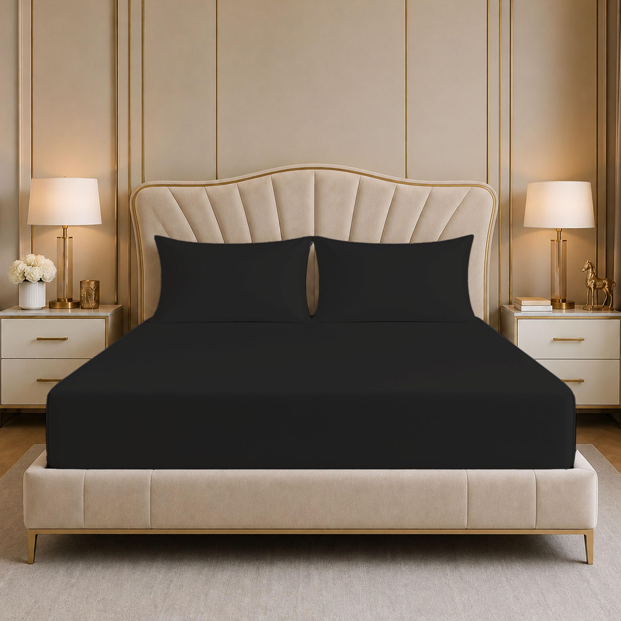 Reliancebedding Black 3Pcs Double Fitted Sheet Set, 400Tc Egyptian Cotton, 35Cm Depth