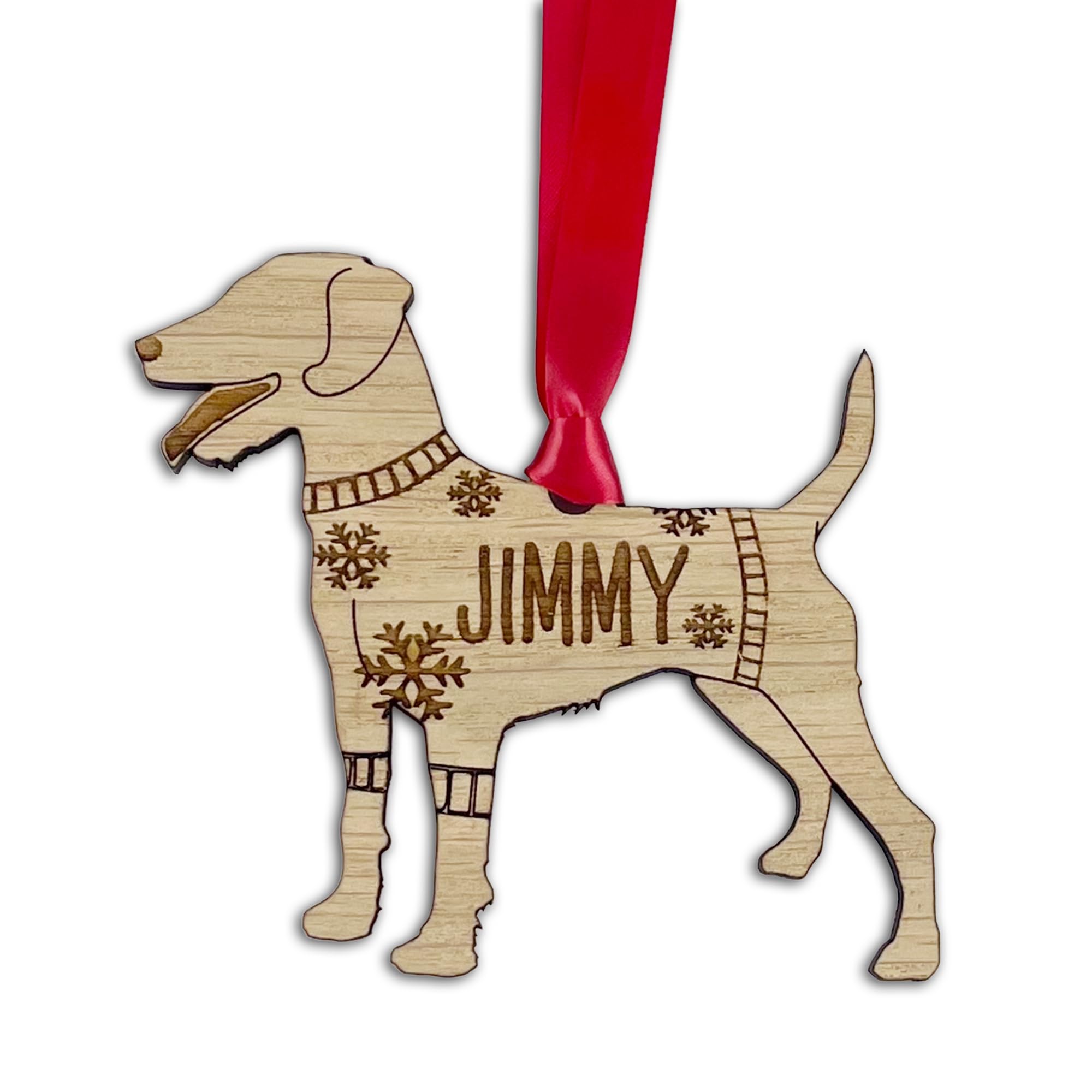 Personalised Patterdale Dog Christmas Tree Bauble, Jumper with Snowflakes Design, Oak Veneer Wood or White Wood Decoration with Red Ribbon (Oak Veneer, Decoration Only)