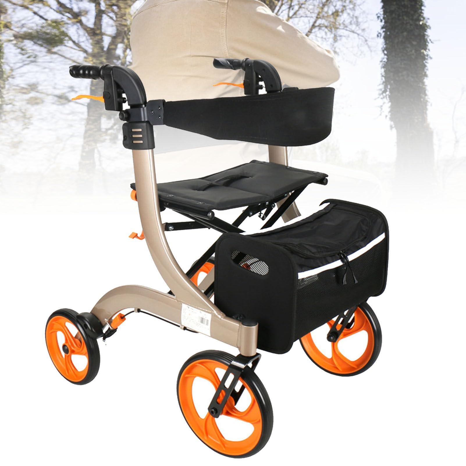 Deambulatore Elettrico Pieghevole con Doppi Freni, Sedile e Borsa portaoggetti Staccabile, Altezza Regolabile, Sedia a rotelle elettrica Leggera per Anziani e disabili,ChampagneColor