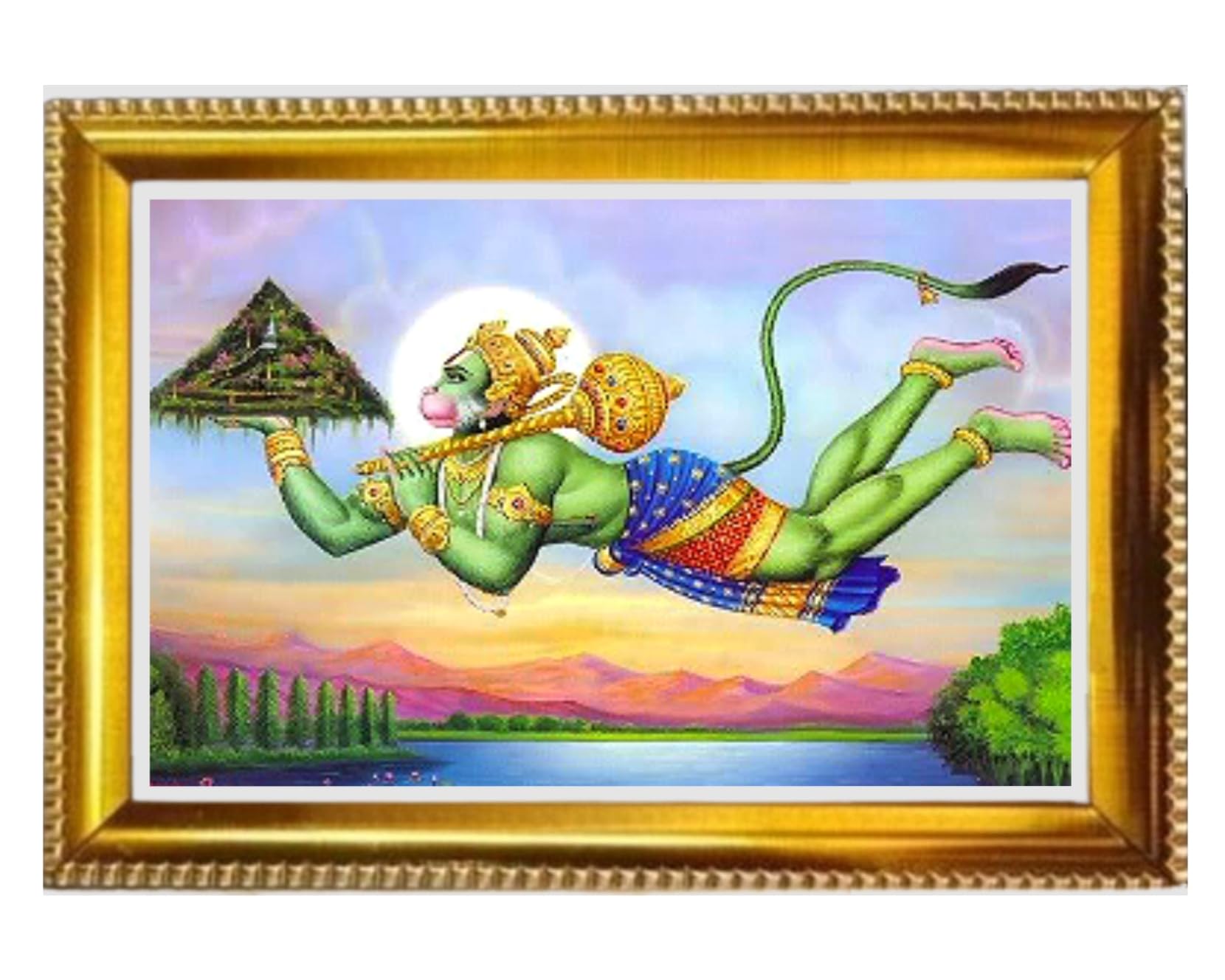 Hanuman Ji Photo Frame - Golden Framed Home Decor (7x5 inch) - Glass-Free MDF Wood for Divine Courage - LINGA ENTERPRISE