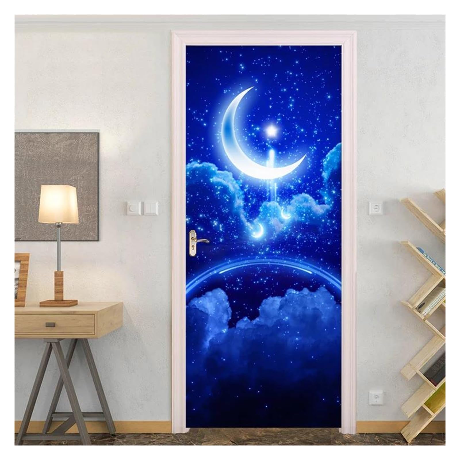 Stickers muraux lune et étoiles bleues en PVC autocollant imperméable pour salon 95x215cm