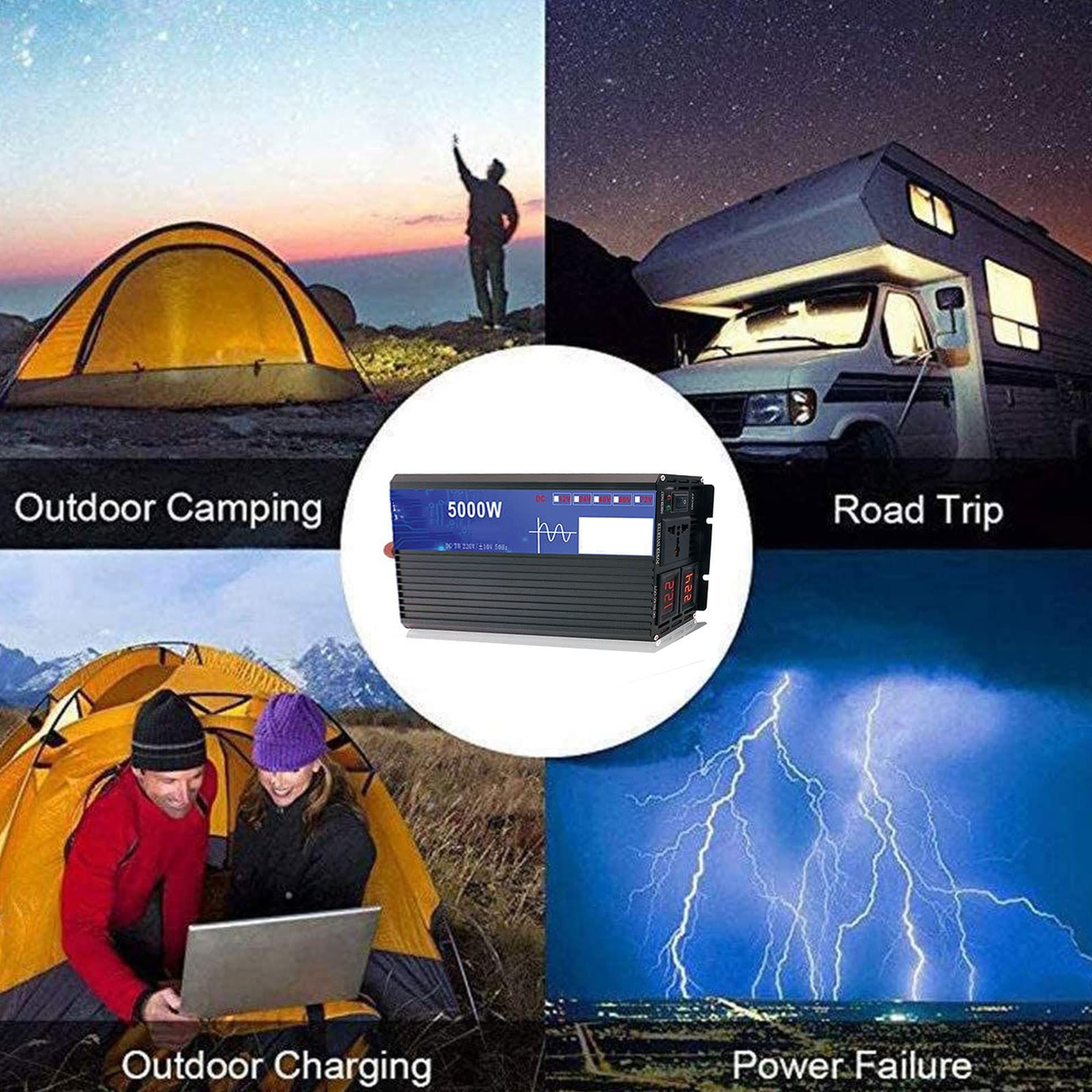 RajoNN Inversor de Onda sinusoidal Pura de 3000 W/4000 W/5000 W DC 12 V/24 V/48 V/60 V a AC 220 V, inversor de Corriente para Coche con Pantalla LED y Salidas, para Viajes en camión RV