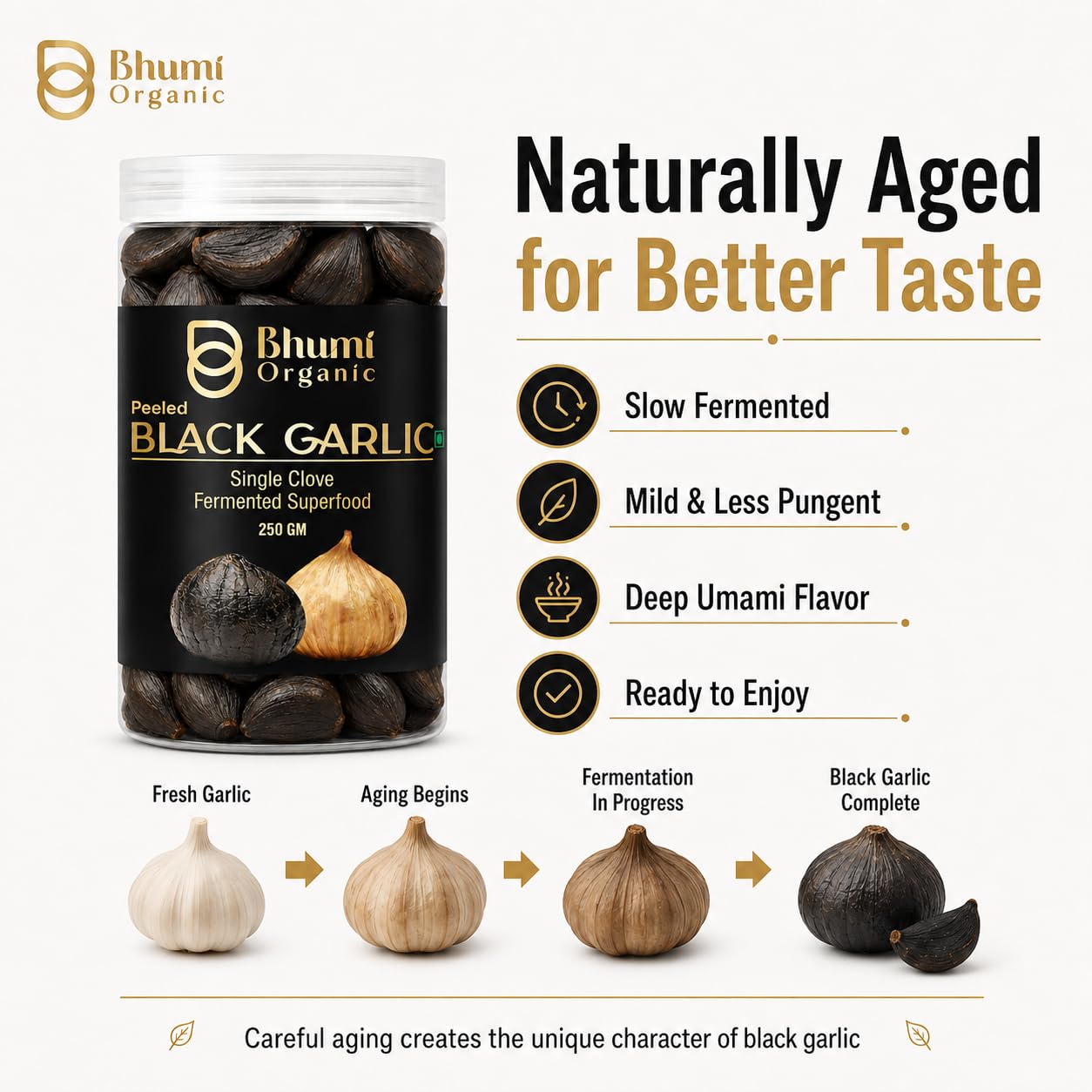 Bhumi Organic Schwarze Knoblauchzehe, verzehrfertig, 90 Tage gereift, sehr nahrhaft (250 g)