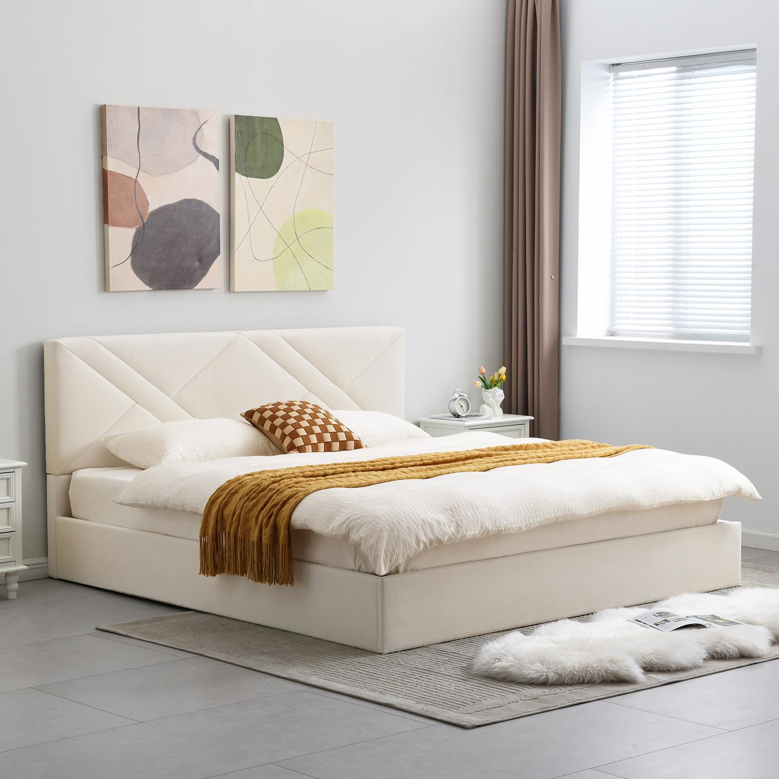 VELOCAVA King Size Lift-Up Storage Bed with Modern Geometric Headboard Velvet with Hydraulic Support Bars, No Box Spring Needed, Cream