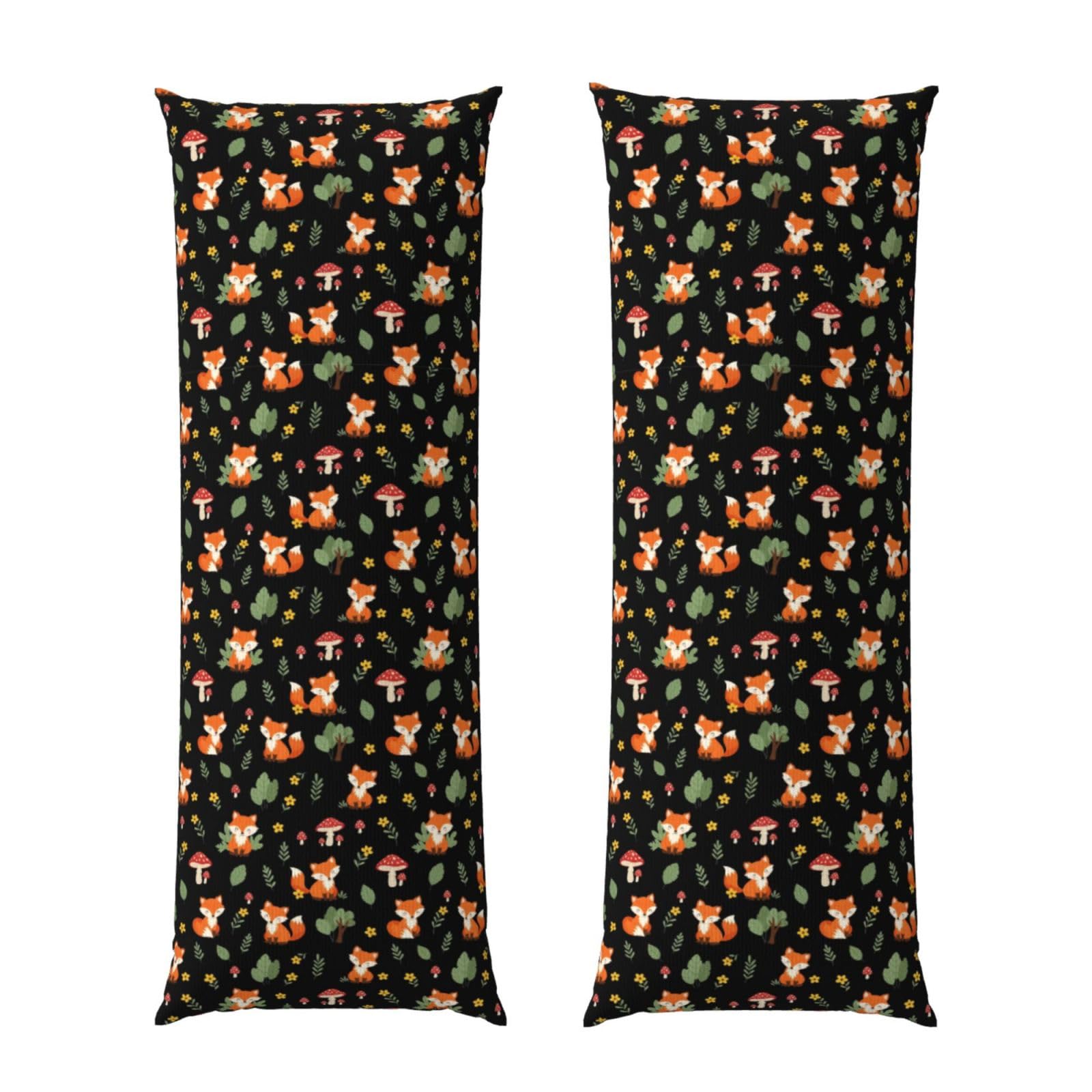 Body Pillow Cover 20x60 Red Mushroom Green Leaves Flowers Floral Fox Black, Soft Velvet Long Pillowcase with Hidden Zipper, Cozyffy Rectangular Case for Bed Sofa Decor