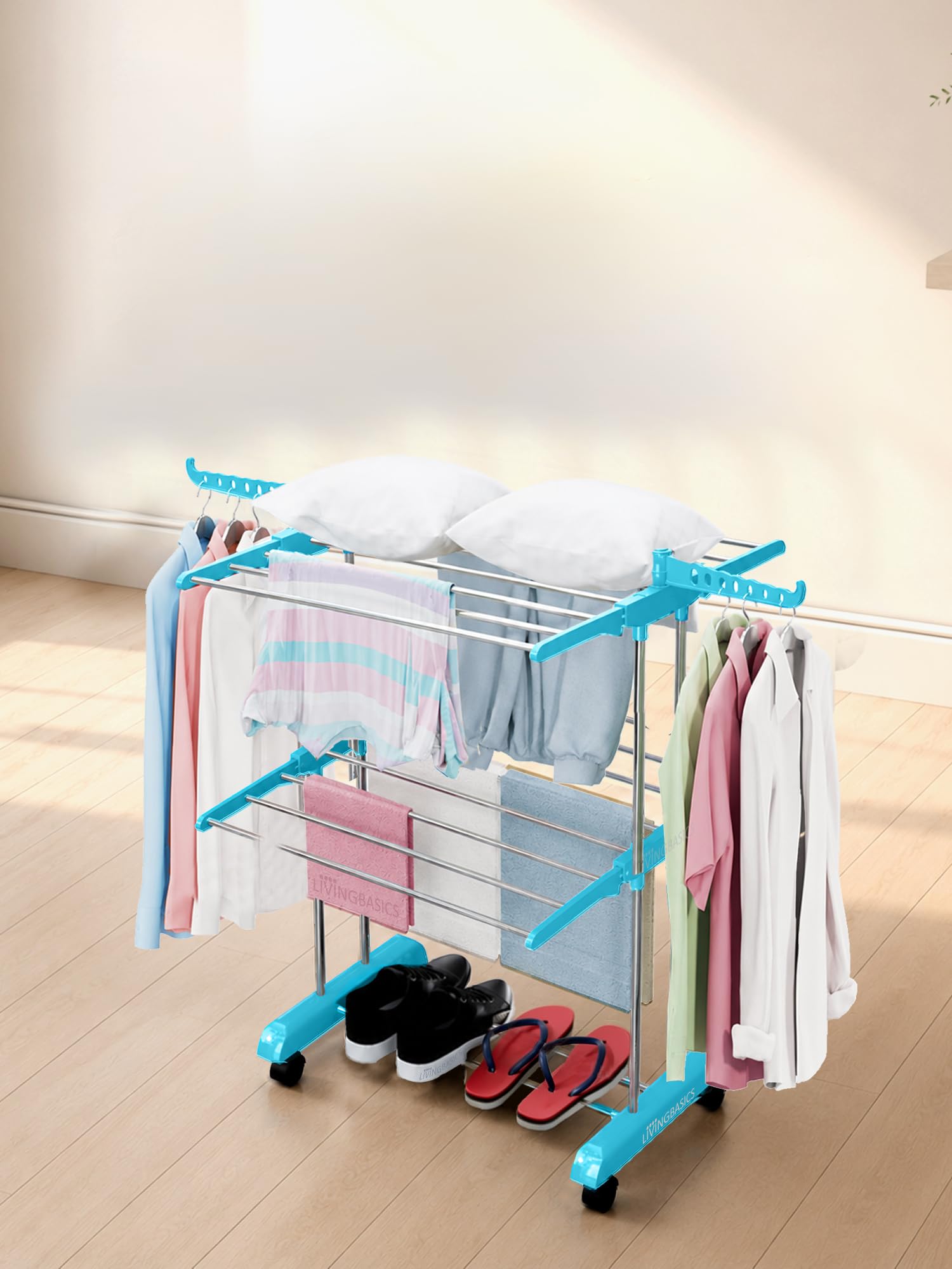 LIVINGBASICS 2 Layer Clothes Stand for Drying Foldable Rack, Cyan Blue