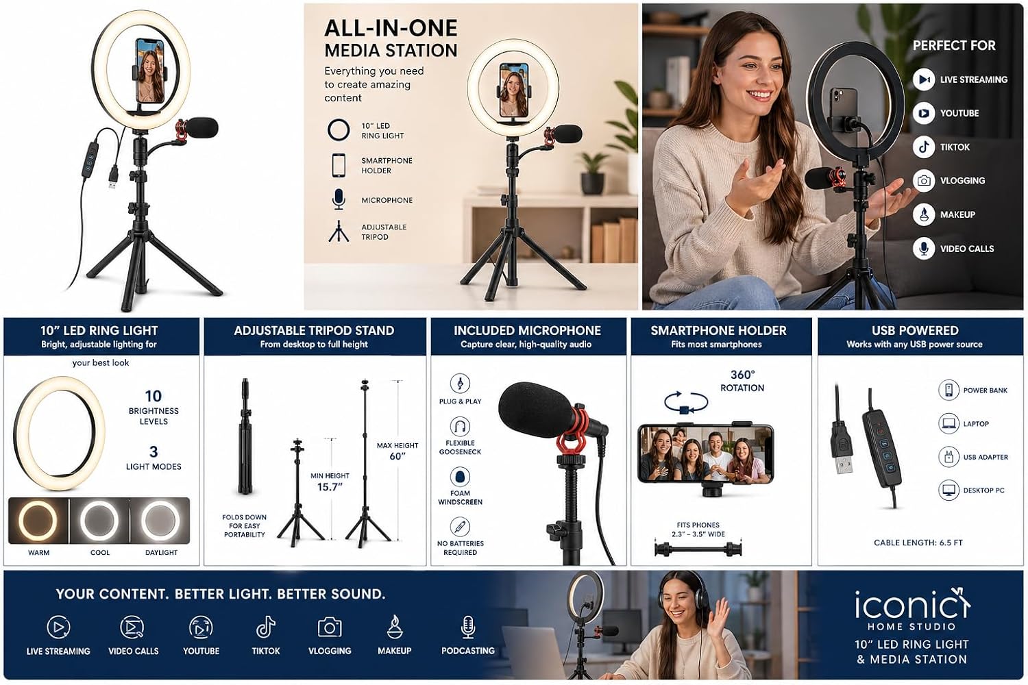 Iconic Home Studio 10" LED Ring Light and Media Station Tripod with Phone Mount and Microphone, USB Connectivity