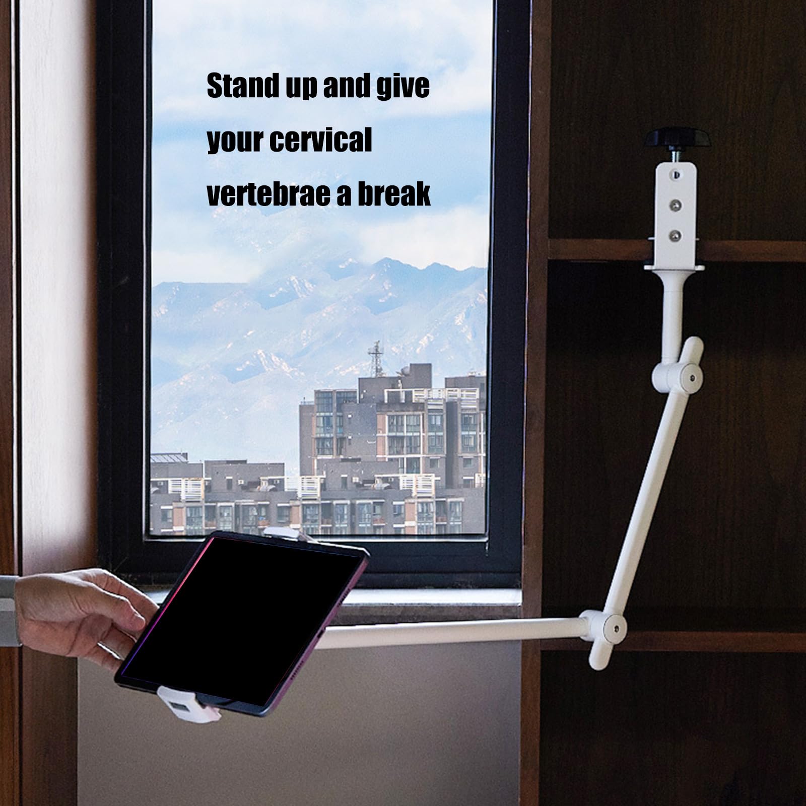 Soporte para tabletas de múltiples posiciones, base de metal resistente, dos brazos articulados para transmitir videollamadas, soporte ajustable para tabletas con abrazadera de mesa