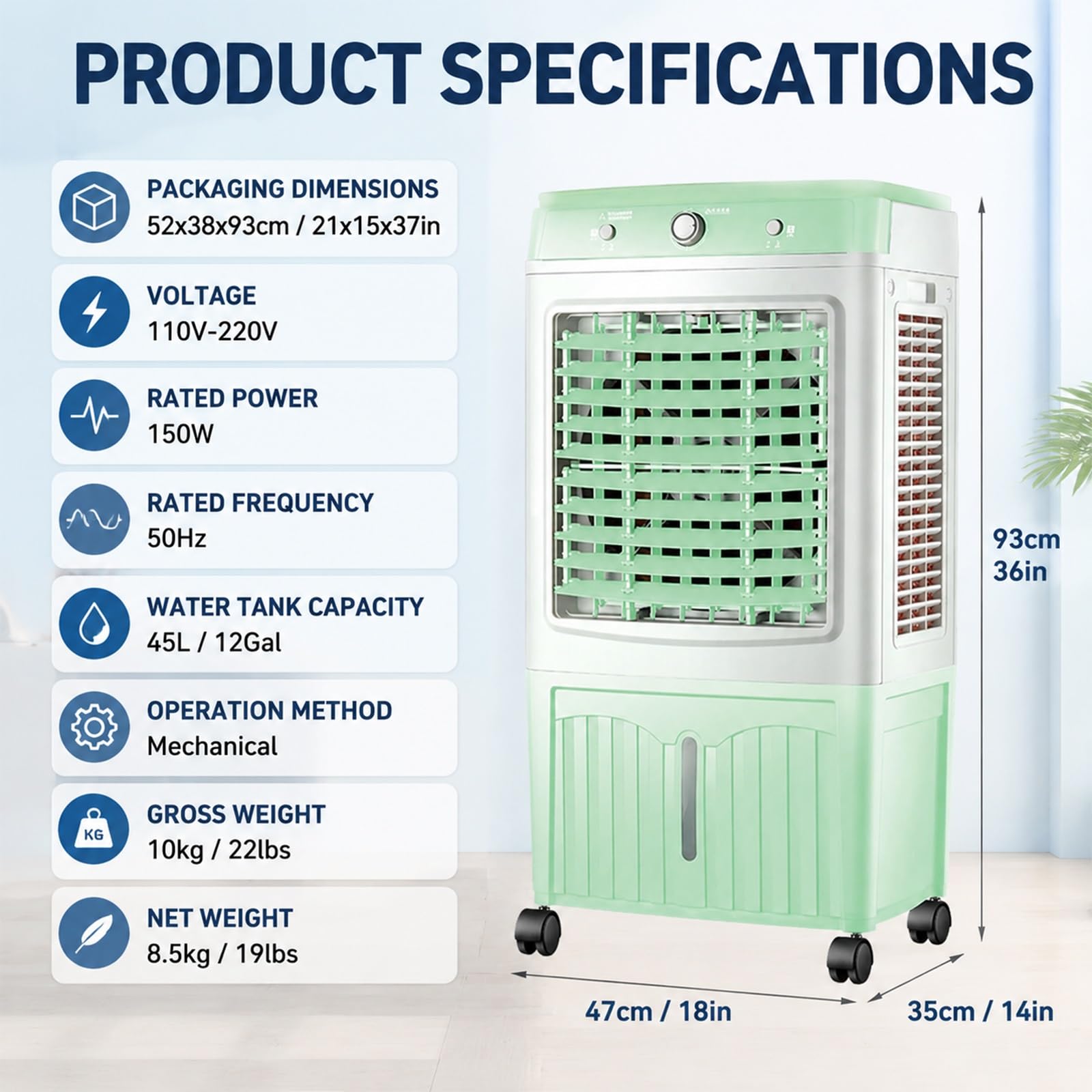 Enfriador de Aire para El Hogar, Climatizador con Tanque de 45 L | Amplio Flujo de Aire, Ruedas Giratorias de 360° para el Hogar, Oficina, Dormitorio, Sala de Estar y Cocina 93 x 47 x 35 cm