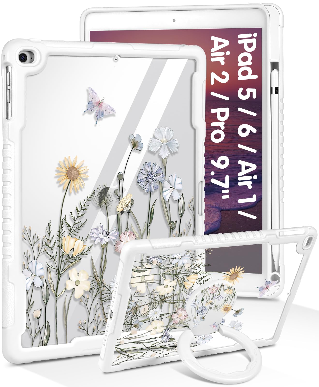 Uppuppy for iPad 5th/6th Gen, Air1/ Air2, Pro 9.7 Inch Case - Women Girls Cute with Stand & Pencil Holder Cover Girly Floral Pretty Protective Hard