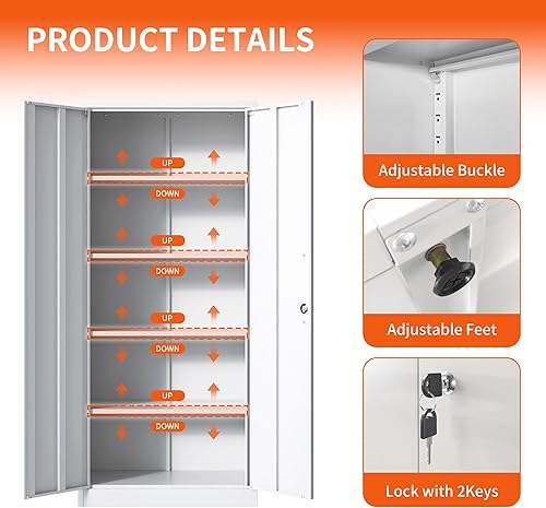 Miniatura 4 de Armario de almacenamiento de metal con estantes ajustables, armario de herramientas de garaje con 2 puertas con cerradura para oficina, hogar,