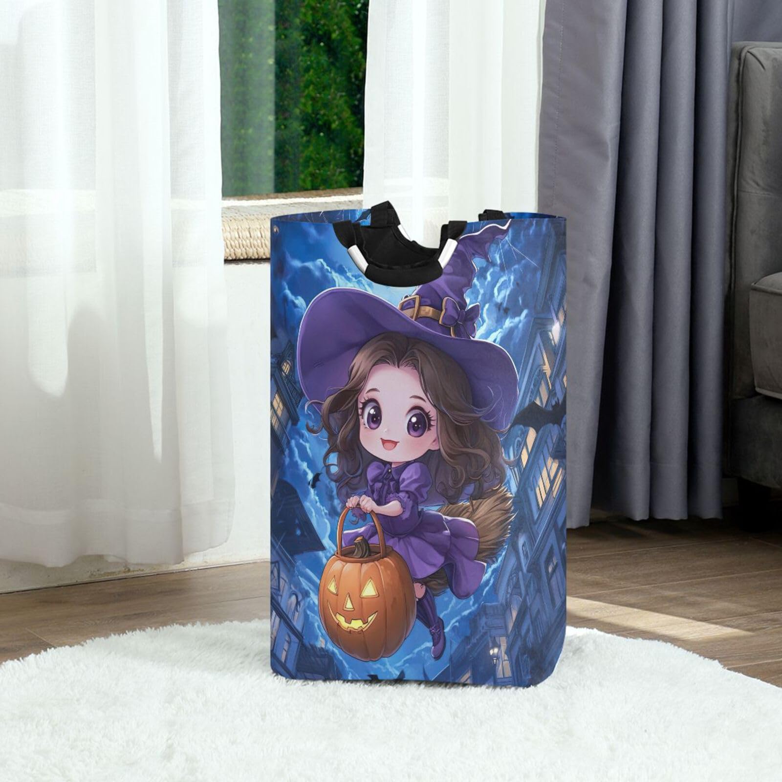 Jihqo Laundry Hamper Basket Cute Halloween Witch Collapsible Nursery Storage Bin Waterproof Clothing Baskets for Home Bedroom Bathroom Washing Room