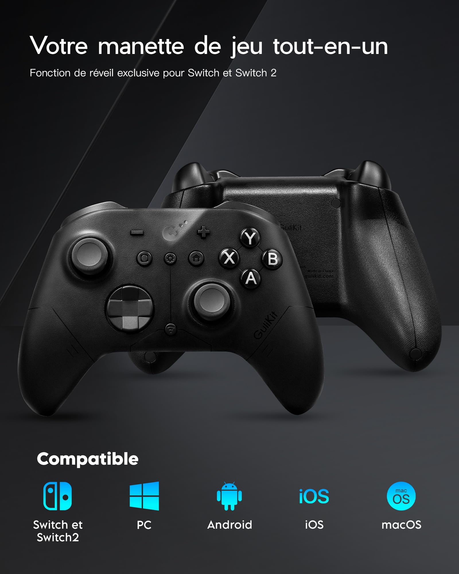 GuliKit ES PRO Manette Sans Fil pour PC Switch 1/2 Android – La manette la plus Rapide avec une Latence de 3,25 ms, Des Joysticks TMR, une Autonomie de 30 Heures et une Fonction de Réveil