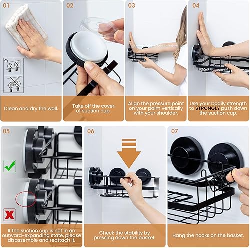 Miniatura 6 de LEVERLOC Paquete de 2 organizadores de ducha con ventosa adaptables a las esquinas, cesta montada en la pared sin taladros, estante de ducha