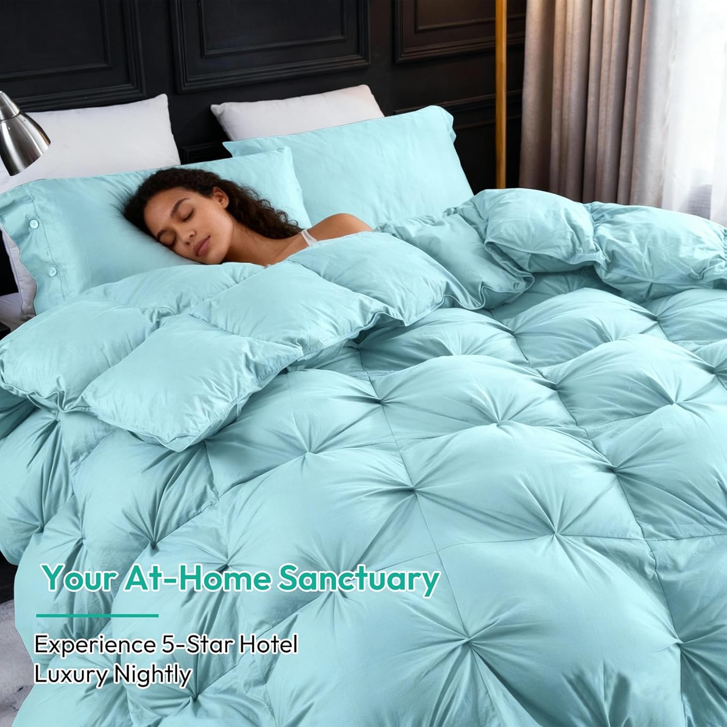 Three Geese Pinch Pleat Waterfowl Feathers and Down Comforter King Size Duvet Insert,750+ Fill Power,1200TC 100% Cotton, Premium All Seasons Aqua-Sky Warm Hotel Comforter with 8 Tabs. - Image 4