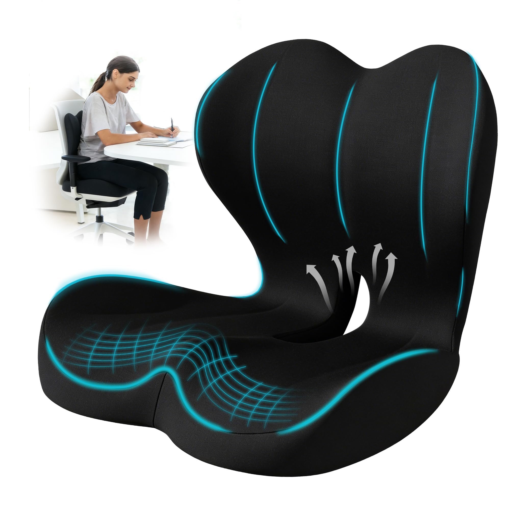 Photo 1 of BANKQF Seat Cushion for Office Chair and Car, Lumbar Support Pillow for Office Chair, Memory Foam Ergonomic Seat Cushion for Long Sitting, Back & Tailbone Pain, Sciatica - Black