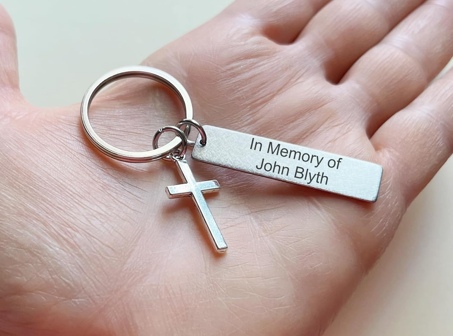 Custom Cross Charm Keychain with Personalized Engraved Steel Tag - Image 5