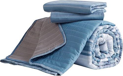 Miniatura 8 de KAKIJUMN Juego de ropa de cama matrimonialqueen, juego de edredón de rayas de retazos blanco, gris y azul, juego de 2 piezas suave y ligero con 1