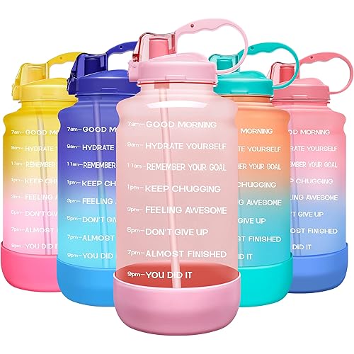 Elvira Large 1 Gallon/128 oz Motivational Time Marker Water Bottle with Straw & Protective Silicone Boot, BPA Free Anti-slip Leakproof for Fitness, Gym and Outdoor Sports