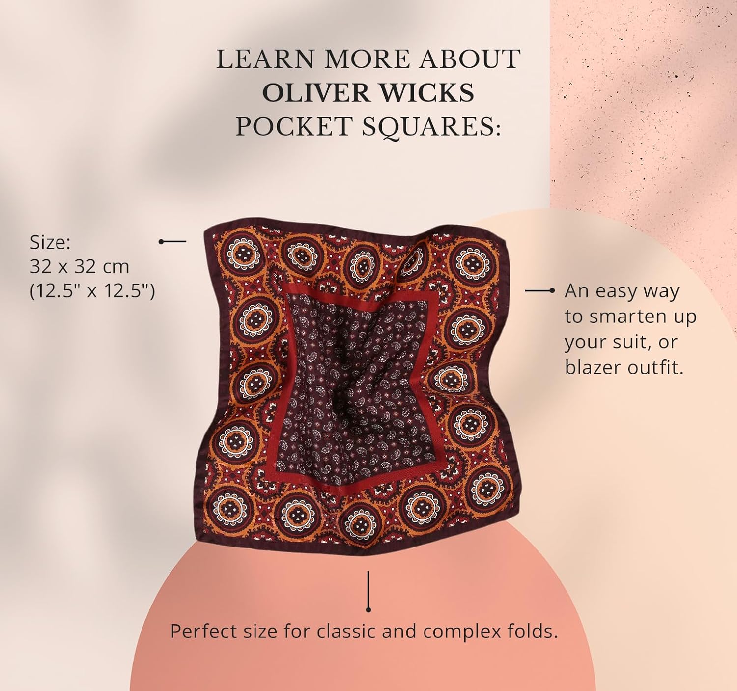 Italian 100% Silk Pocket Square, Premium Small Batch Accessory for Men, 32x32 cm (12.5''x12.5''), One Side Print