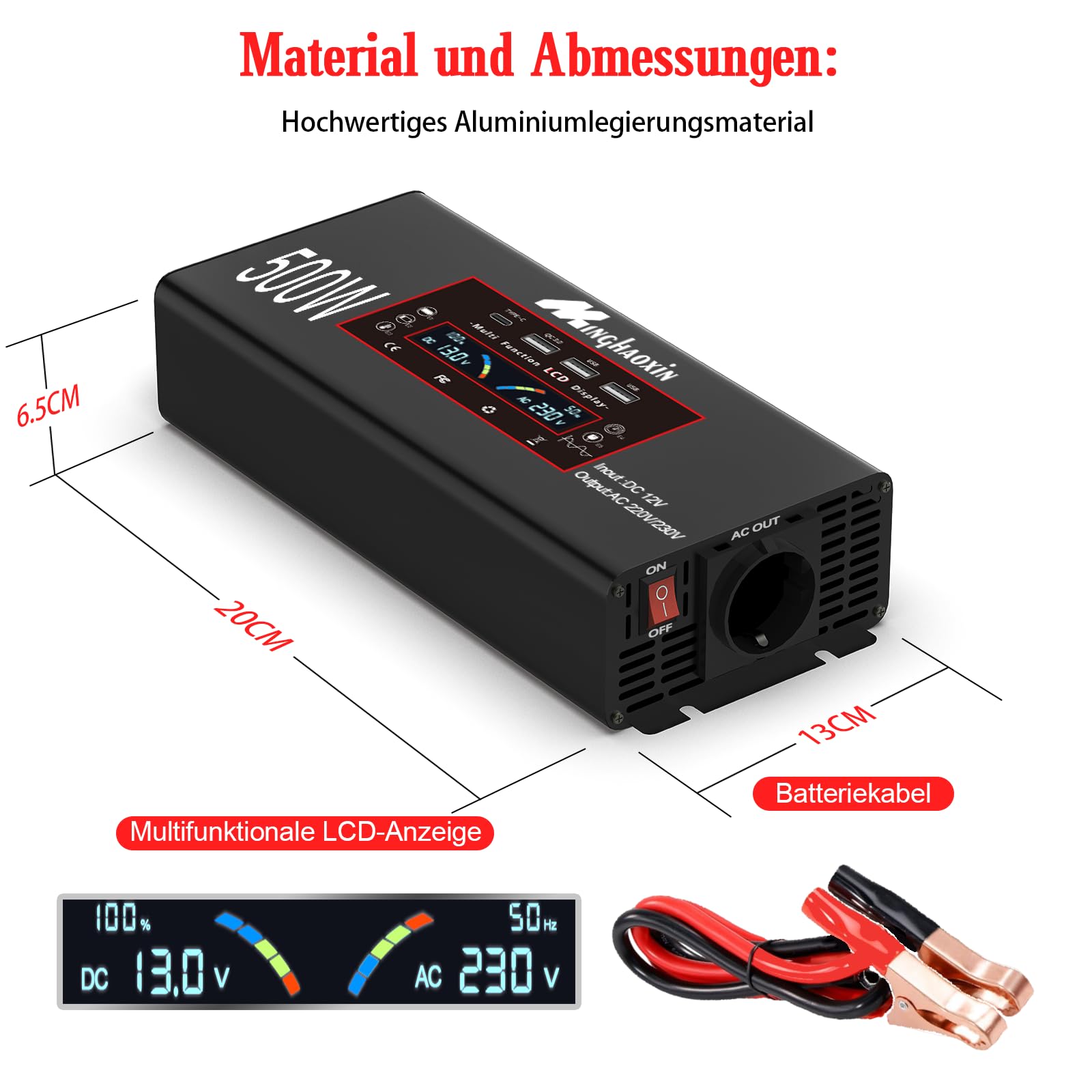 500W/1000W Wechselrichter 12v auf 230v Reiner Sinus Spannungswandler Mit EU Steckdosen Und 3 USB Und Netzkabel Und LCD 500w Kfz Inverter Für Camping-Einsatzfahrzeuge, LKW Und Wohnmobile
